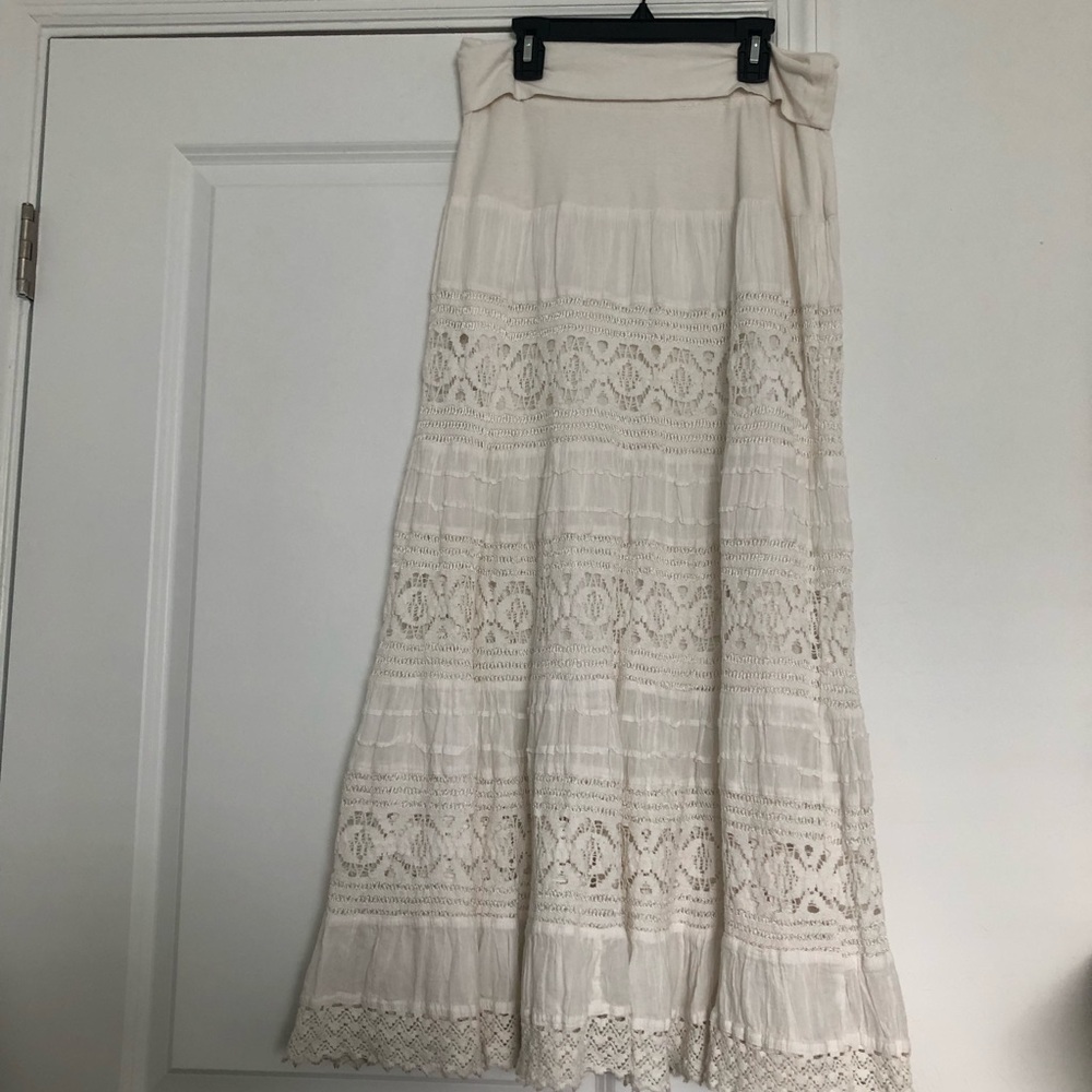 White Lace and Crochet Maxi Skirt with Foldover Waist
